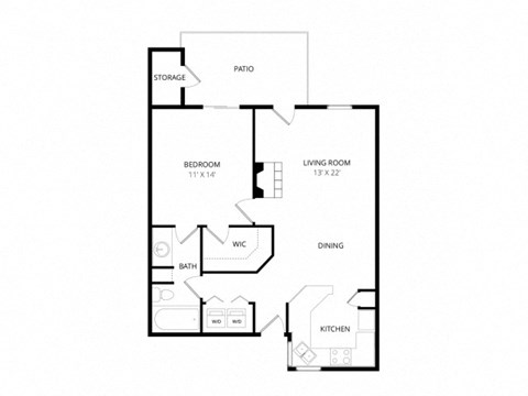 Floor plan for 1 bed, 1 bath, 697 sqft